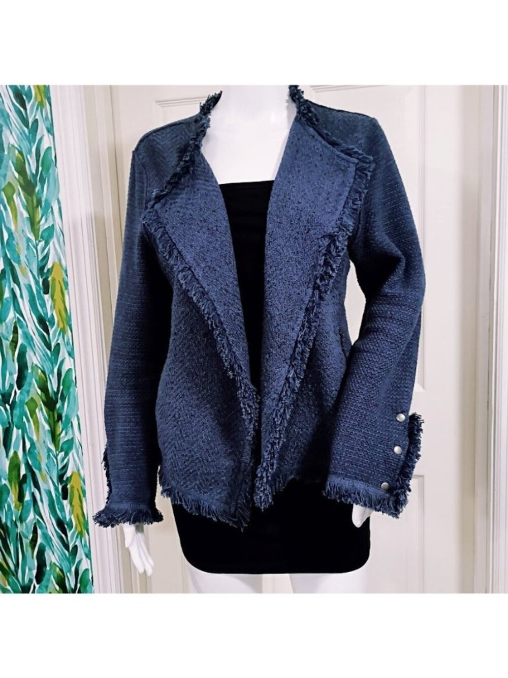 Nic + Zoe Fringe Knit Jacket L Blue Open Front Fringe Boho Cardigan - Picture 2 of 12